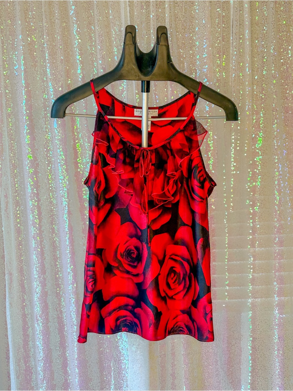 Y2K Morgan Taylor Red Rose Print Ruffle Tie-Neck Camisole Size Medium